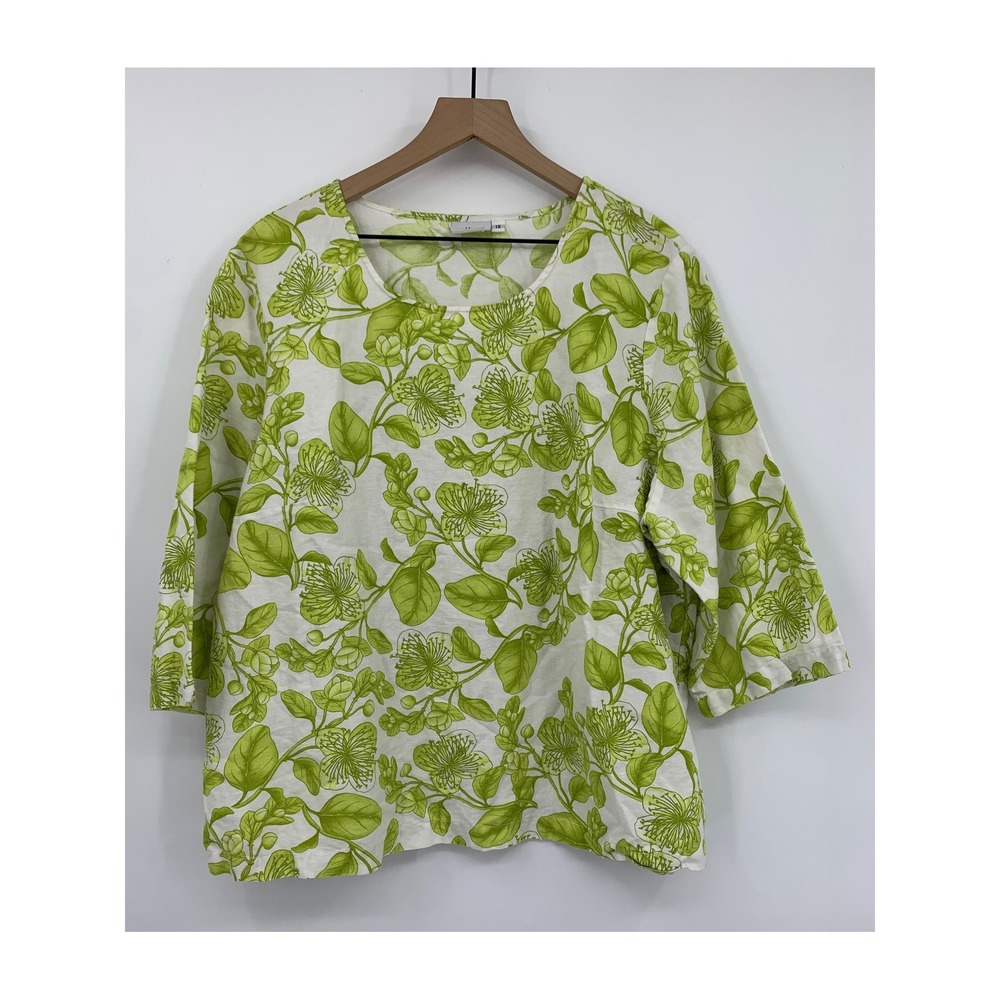 Hot Cotton Shirt Womens 1X Green Floral Linen Cotton Summer Beach Resort Boho